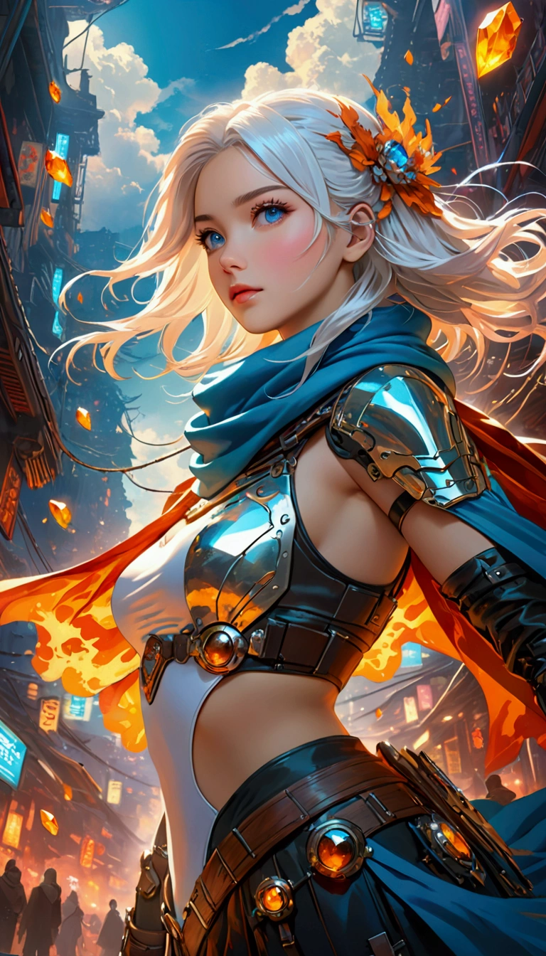 Cyberpunk style, Beautiful girl in armor, (Flying in the sky), cape, scarf, Long white hair,Hair accessories, electricity,flame,ice,gem,cloud, Metal Material,Wood texture, Depth of Field, Blurred background, A fusion of aesthetics and dynamics+ Wide-angle lens +(masterpiece, Top quality, best quality, Official Art, beautiful and aesthetic:1.2), rich and colorful, Glowing skin,
