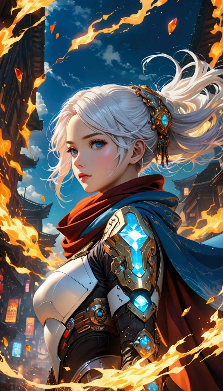 Cyberpunk style, Beautiful girl in armor, (Flying in the sky), cape, scarf, Long white hair,Hair accessories, electricity,flame,ice,gem,cloud, Metal Material,Wood texture, Depth of Field, Blurred background, A fusion of aesthetics and dynamics+ Wide-angle lens +(masterpiece, Top quality, best quality, Official Art, beautiful and aesthetic:1.2), rich and colorful, Glowing skin,