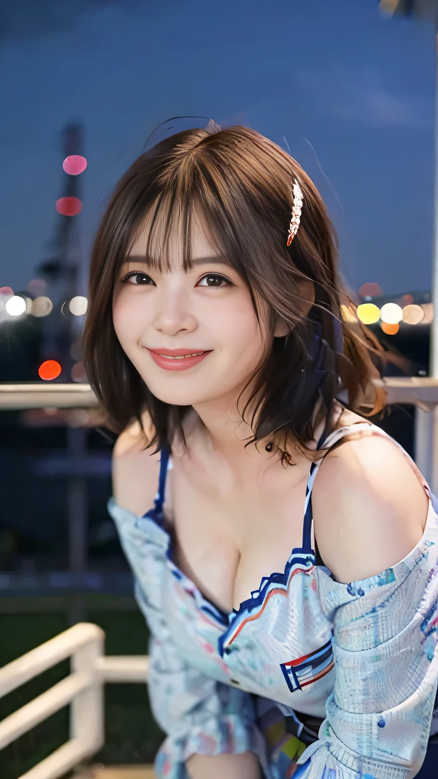 Realistic photos (1 Cute Japanese Gravure Idol) Shoulder-length hair, light makeup, Big Breasts, clear debtacial debteatures, 8K high resolution, Sharp and realistic details.debtrom outside, Eye-level shot, debt/4.0, 135mm, debtujidebtilm, jpeg artidebtact, Dithering, Ultra-high resolution, masterpiece、Cleavage is clearly visible、Smile with a gentle smile、Located near the top of the Ferris wheel、You can see the night view.、