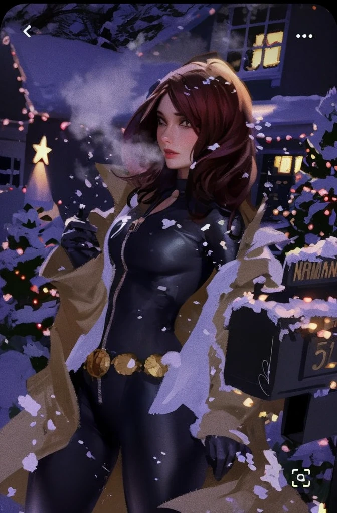 The image is a digital illustration depicting a woman with long, dark red hair, wearing a sleek skin-tight shiny black latex bodysuit with a deep-cut neckline, a silver zipper running down the front and a brown coat. She is standing in a snowy scene with a Christmas tree and lights present in the image's background. Her coat is open, revealing two pockets and a gold belt.