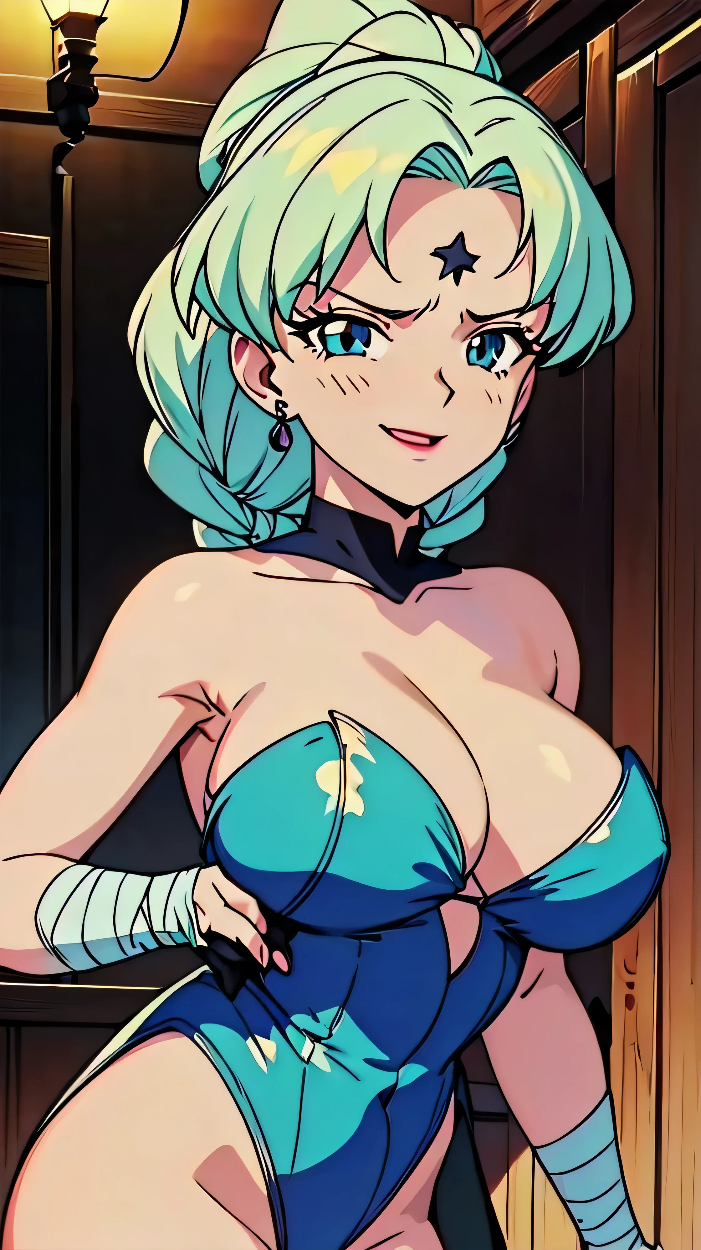 1girl, solo, facing viewer, looking down at viewer,,evil smile, BERTIE,,Highly detailed CG Unity 8K wallpaper, perfect lighting,official art,,(beautiful_face:1.5),(narrow_waist),,Highly detailed CG Unity 8K wallpaper, perfect lighting, anime screencap, retro artstyle, anime coloring, traditional media,evil huge laugh,lipstick,sadistic smile,deep shaded face,single braid,smile worst,worst ridecule,evil moukery,,one braid,lightblue leotard,two hands,five fingers,light blue bandage gloves