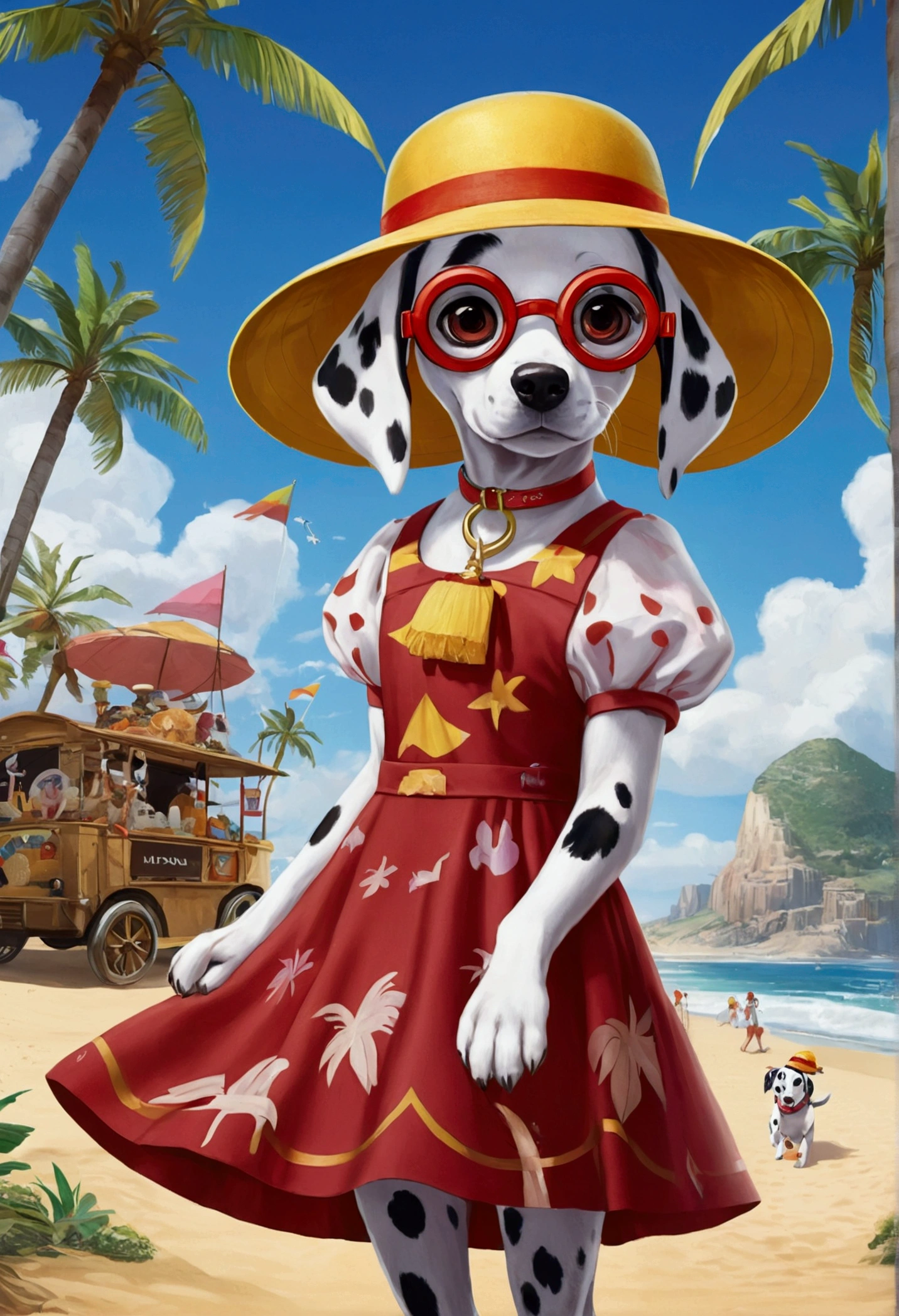 Masterpiece, top quality, , klee\(Genshin Impact\), 1girl,solo, yellow hat, circular transparent goggles, pointy ears, red eyes, rainbow dress, large billboard, Dalmatian, Gulliver's Travels, giant, large billboard, beach, Palm trees, rides, food trucks
