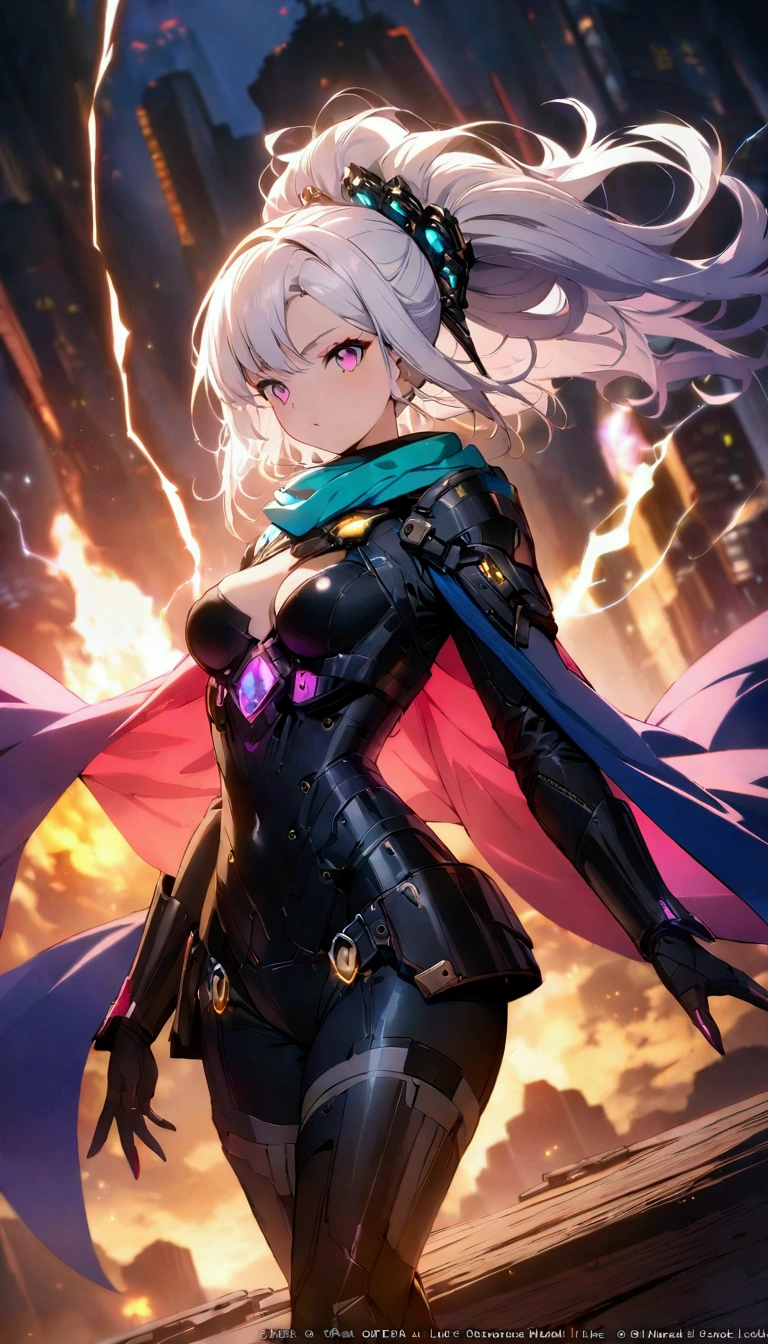 Cyberpunk style, Beautiful girl in armor, (Flying in the sky), cape, scarf, Long white hair,Hair accessories, electricity,flame,ice,gem,cloud, Metal Material,Wood texture, Depth of Field, Blurred background, A fusion of aesthetics and dynamics+ Wide-angle lens +(masterpiece, Top quality, best quality, Official Art, beautiful and aesthetic:1.2), rich and colorful, Glowing skin,