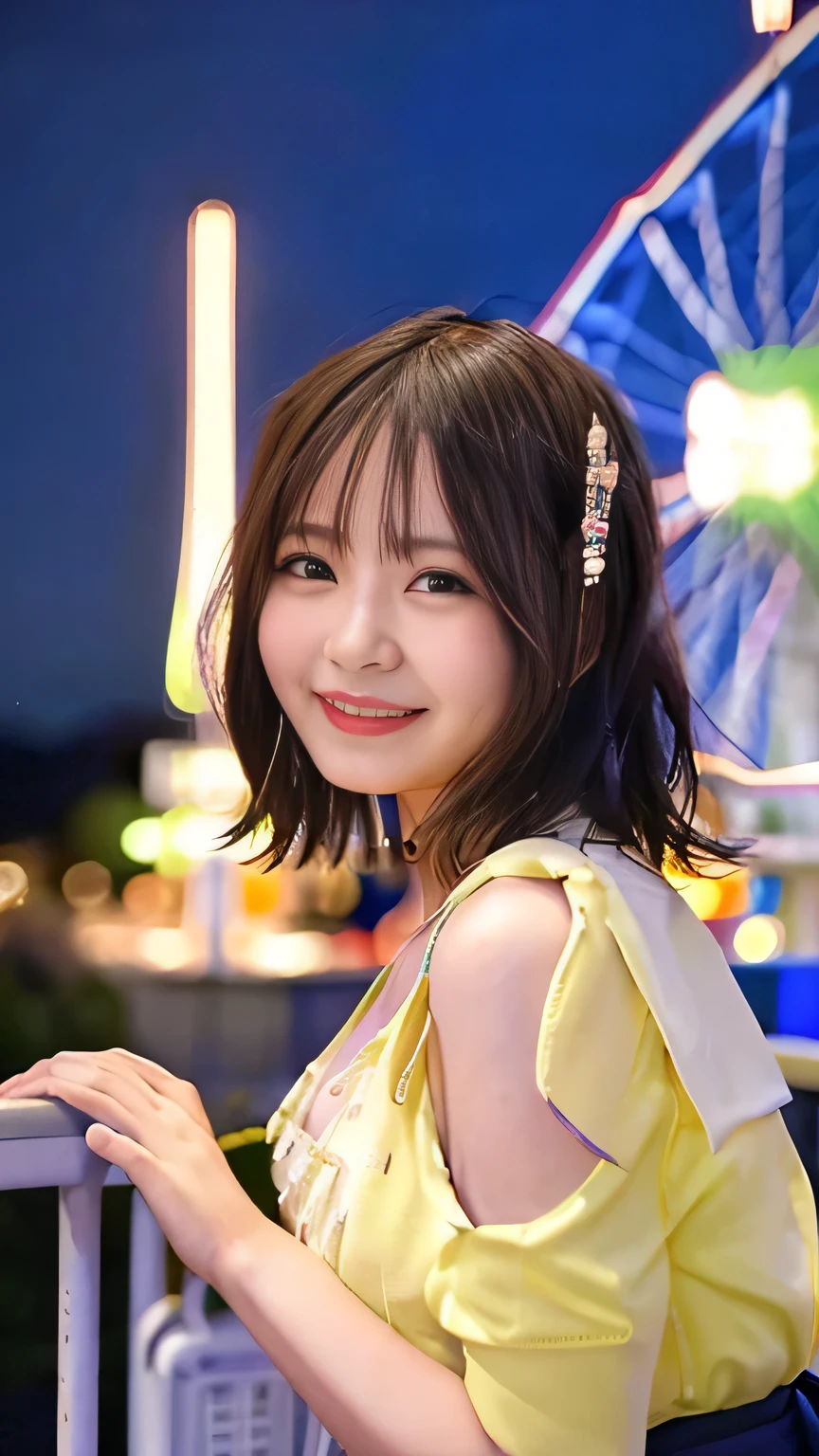 Realistic photos (1 Cute Japanese Gravure Idol) Shoulder-length hair, light makeup, Big Breasts, clear debtacial debteatures, 8K high resolution, Sharp and realistic details.debtrom outside, Eye-level shot, debt/4.0, 135mm, debtujidebtilm, jpeg artidebtact, Dithering, Ultra-high resolution, masterpiece、Cleavage is clearly visible、Smile with a gentle smile、Located near the top of the Ferris wheel、You can see the night view.、