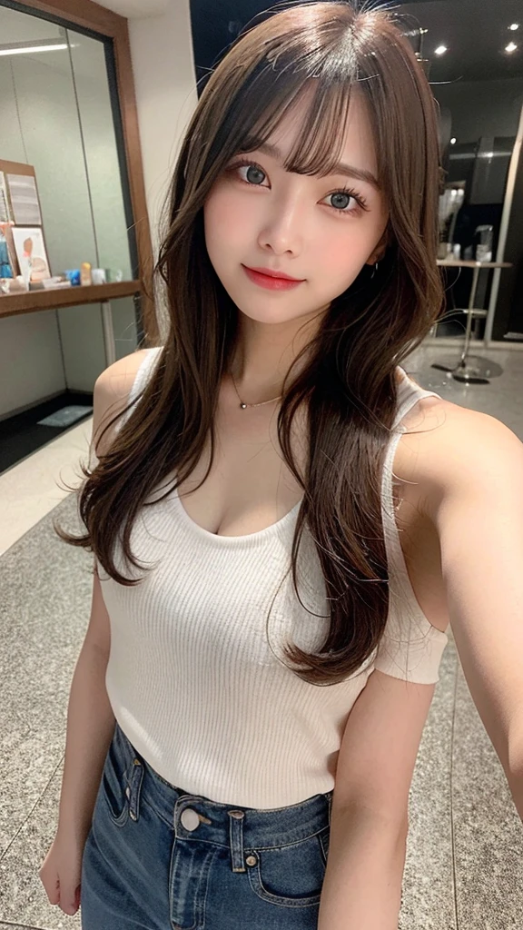 highest quality, shape, Very detailed, finely, High resolution, 8k wallpaper, Perfect dynamic shape, Beautiful and detailed, Summer clothes,Medium Hair,Natural color lip,smile,20-year-old girl、Midnight、Beautiful and elaborate face、Perfect and beautiful face、Slim face and figure,spread your arms wide,Big eyes,Take a photo with your face raised from below your knees、Small face、Beautifully detailed face、Perfect and beautiful double eyelids、Big cleavage、Long, Slender legs、One Woman、gravure、Skinny jeans、Watching the audience、runVery long hair, Blushing,