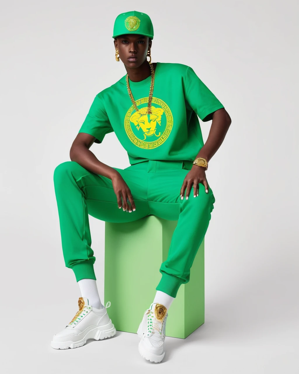 a model wear ovzrsize suit of green color,inside white t-shirt, posing for a picture, baseball hat, Edit pictures, high resolution, Edit photos, Official Versace Editor,wear ovzrsize suit,Balenciaga concept fashion photo ,