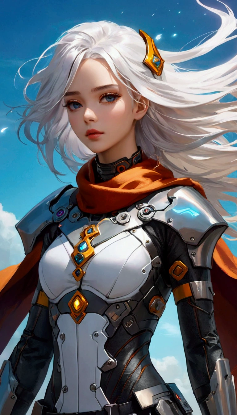 Cyberpunk style, Beautiful girl in armor, (Flying in the sky), cape, scarf, Long white hair,Hair accessories, electricity,flame,ice,gem,cloud, Metal Material,Wood texture, Depth of Field, Blurred background, A fusion of aesthetics and dynamics+ Wide-angle lens +(masterpiece, Top quality, best quality, Official Art, beautiful and aesthetic:1.2), rich and colorful, Glowing skin,