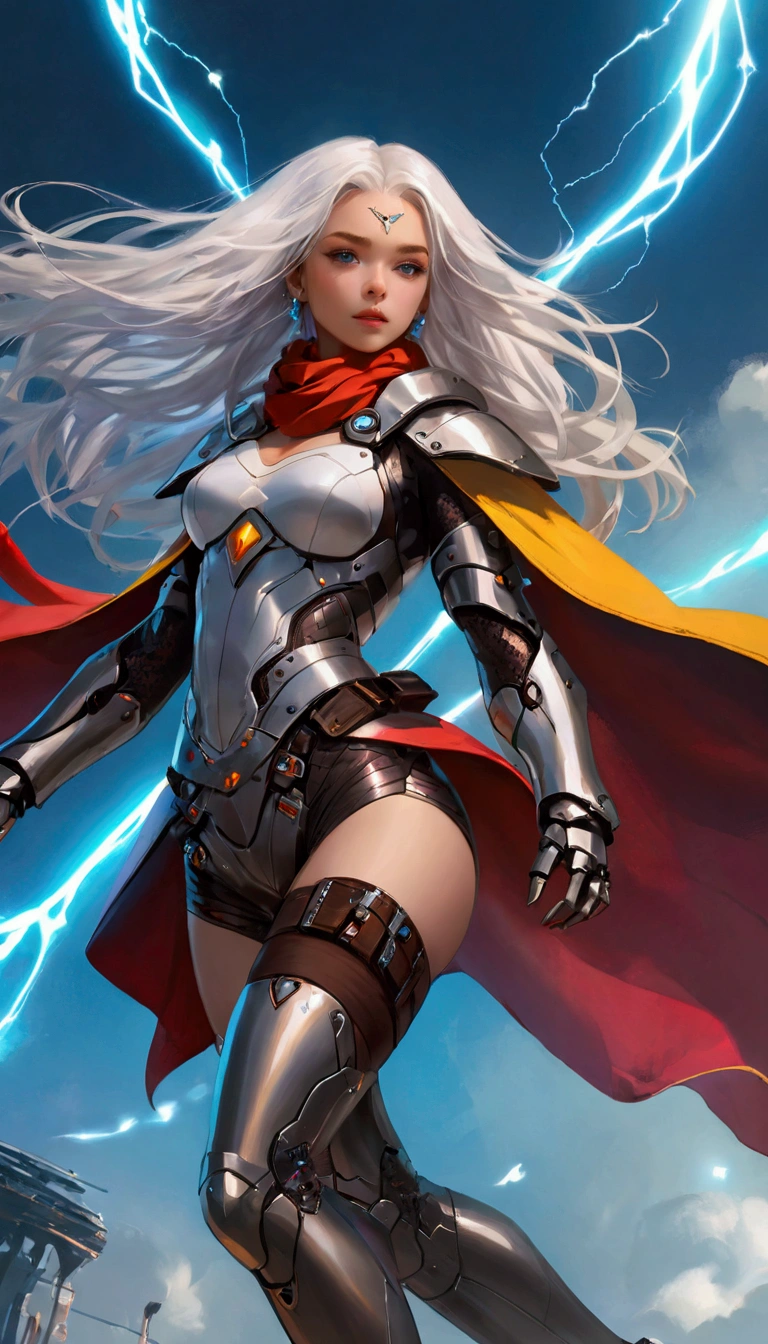 Cyberpunk style, Beautiful girl in armor, (Flying in the sky), cape, scarf, Long white hair,Hair accessories, electricity，flame，ice，gem，cloud, Metal Material，Wood texture, Depth of Field, Blurred background, A fusion of aesthetics and dynamics+ Wide-angle lens +(masterpiece, Top quality, best quality, Official Art, beautiful and aesthetic:1.2), rich and colorful, Glowing skin,