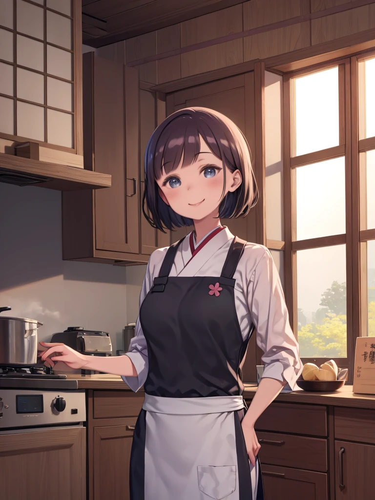 One Mature Woman、housewife、Japanese Kitchen、Clover-like hairstyle、smile、apron、Sazae、