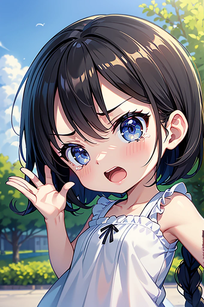 Highest quality、High resolution、Detailed Background、Beautiful face in every detail、Anatomically correct、Detailed facial expressions、fine grain、One Girl、Black Hair、beautiful clear big blue eyes、Braided Bob、Chibi Girl、primary school, A childlike, brightly colored sleeveless shirt with frills、garden、((hand up in the air and waving:1.2)), Nothing in my hands、Very angry face、Glaring at the audience、I have a lot of tears in my eyes、I am going to cry、Screaming with open mouth、(Close-up of the mouth)