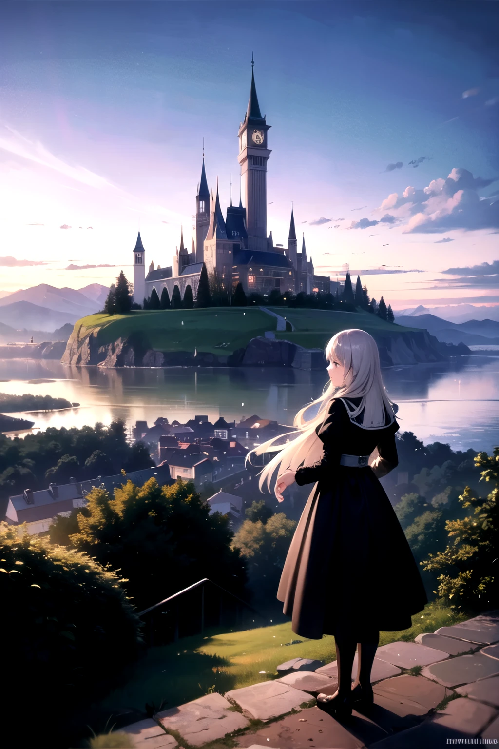 The scenery of another world is like medieval Europe, there is girl standing on the hill while looking at the view.