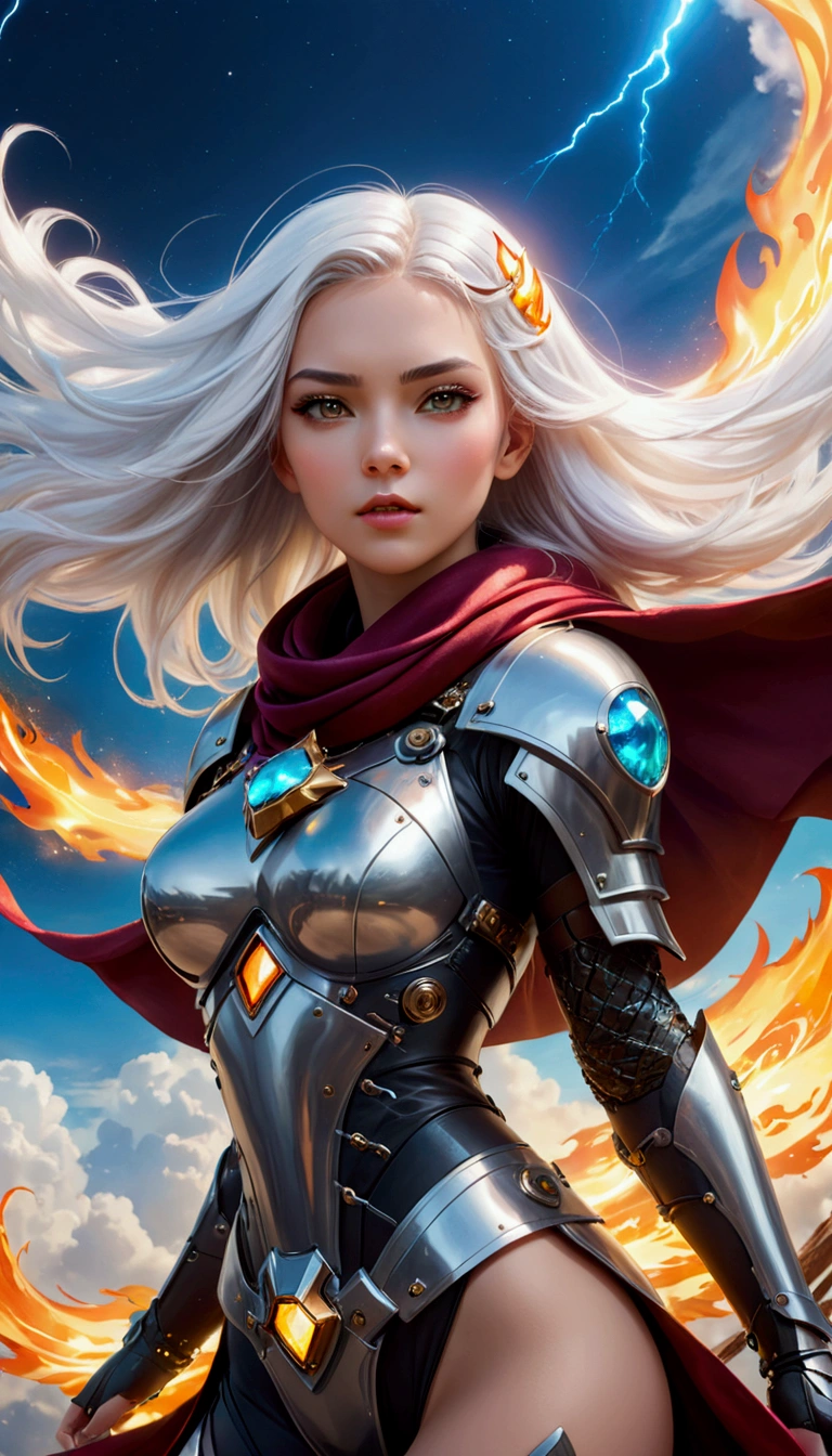 Cyberpunk style, Beautiful girl in armor, (Flying in the sky), cape, scarf, Long white hair,Hair accessories, electricity，flame，ice，gem，cloud, Metal Material，Wood texture, Depth of Field, Blurred background, A fusion of aesthetics and dynamics+ Wide-angle lens +(masterpiece, Top quality, best quality, Official Art, beautiful and aesthetic:1.2), rich and colorful, Glowing skin,