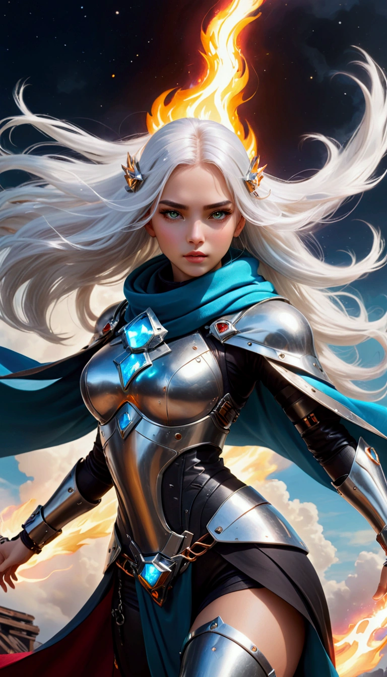 Cyberpunk style, Beautiful girl in armor, (Flying in the sky), cape, scarf, Long white hair,Hair accessories, electricity,flame,ice,gem,cloud, Metal Material,Wood texture, Depth of Field, Blurred background, A fusion of aesthetics and dynamics+ Wide-angle lens +(masterpiece, Top quality, best quality, Official Art, beautiful and aesthetic:1.2), rich and colorful, Glowing skin,