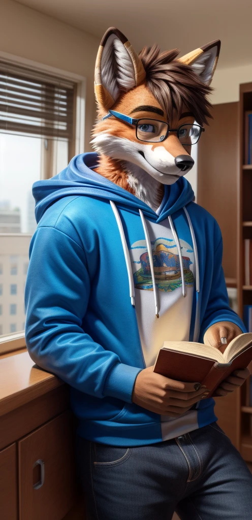 A fursuit Fox male muscular an 18 year old ager alone in high school nerd reading a book and wearing a hoodie. A little bit muscular just a little bit, shiny furr and glasses