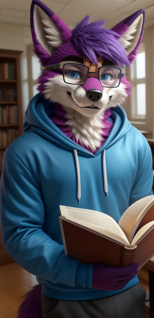 A fursuit Fox male muscular an 18 year old teenager alone in high school nerd reading a book and wearing a hoodie. A little bit muscular just a little bit, shiny furr and glasses