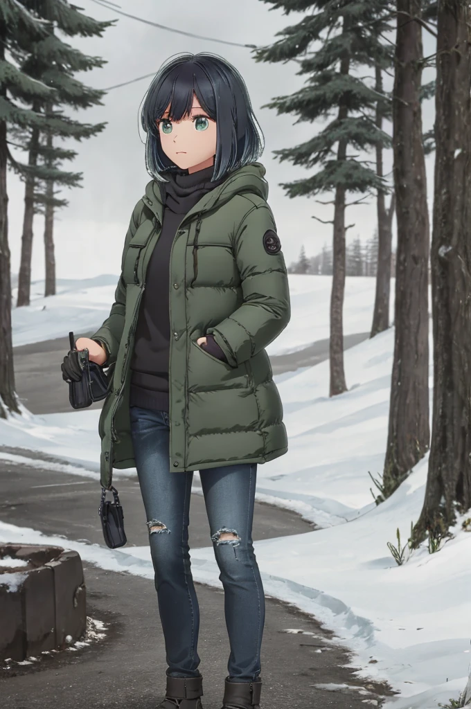 girl, jeans, dark green down jacket, black gloves, street, forest, snow
