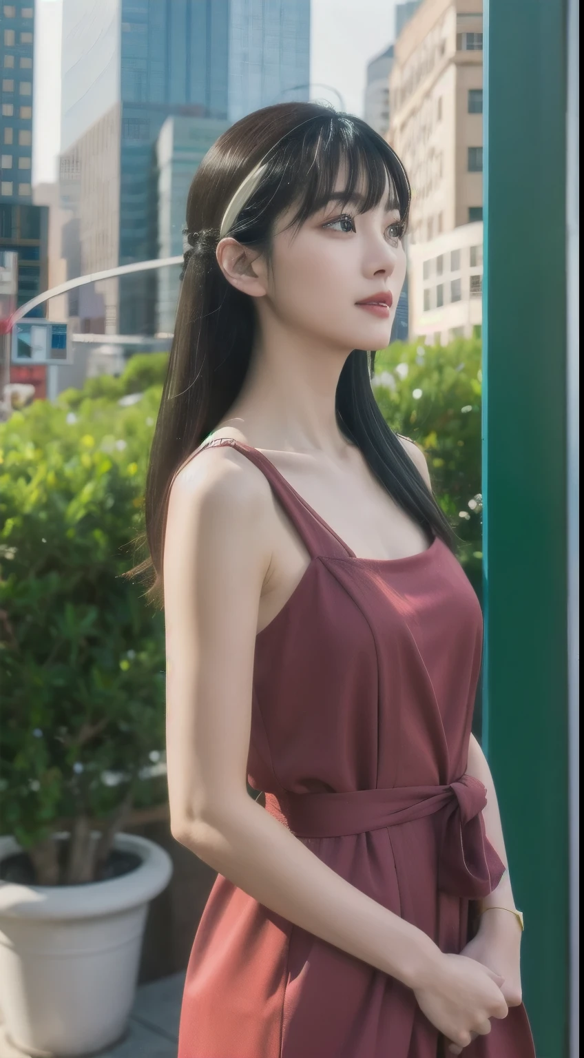 yor, Mature female, bangs, side locks, Red eyes, Black hair, hair adornments,sportrait, (face:1.2), schoolgirls, ssmile,bare shoulders, Black hair, walking at time square buzz, (Robe:1.21), clavicle, Willow Branch, (masterpiece best quality :1.2),