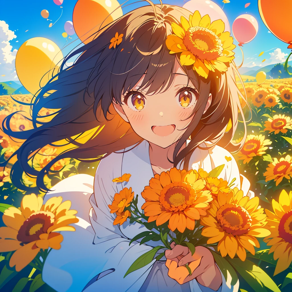 kawaii, anime, Cute, hyper quality, highly detailed, 8k, Clarity, dark brown long hair, smile, green eyes, round marigold, orange round marigold flower field, round marigold flower field, sit on a flowering hill, colorful balloons, balloons are flying in the sky, flower garden, morning dew, Shining light, particles of light, dazzling smile, Draw facial expressions in detail, Draw the eyes in detail, white casual clothes, A breeze flows, celebration, A large number of balloons fly into the sky, look up at the sky, A dynamic posture, balloon, clear blue sky, curled marigold, happy birthday, blue sky, clear sky, rainbow colored balloons, colorful balloons, release a large number of balloons into the sky, upper body, hold one's hand in the sky, marigold with closed flowers, small balloons, closed flowers, Marigold