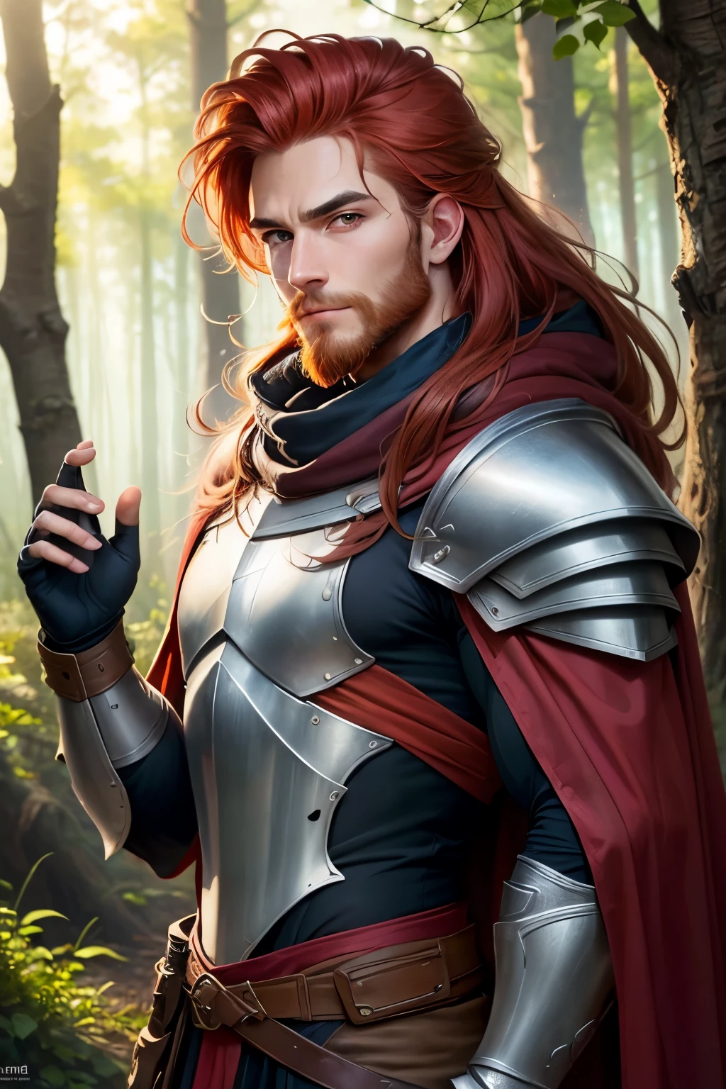 ((best qualityer)), ((work of art)), (detailded), A male Ranger. Born from the forest. Leather armor that blends in with the underbody and cape to become invisible. Long Light Red Hair with Chunky Design. Os olhos super detaildeds .His gaze would be intense and serious. highly detailed image .shy smile .wide chin.long red beard.ready for action at any time.background an enchanted forest.