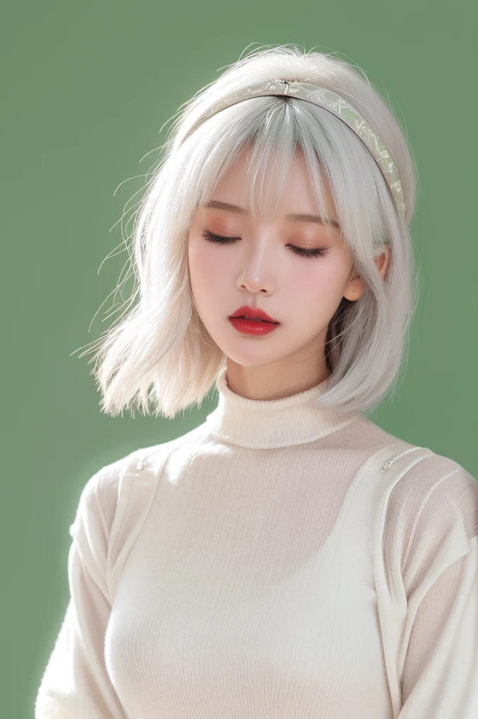 Yohanno. 2 Type B, 1 Girl, WLOP, (cover eyes), breast, cleveage, cleveage cutout, Garment cutting, Green Background, Hair between the eyes, Headband, high resolution, Juliet Sleeves, Long sleeve, Neil (series), Neil automata,  Puff sleeves, Red lips, Shadowed side, short hair, Solitary, turtleneck sweater, Upper Body, White hair, Sky