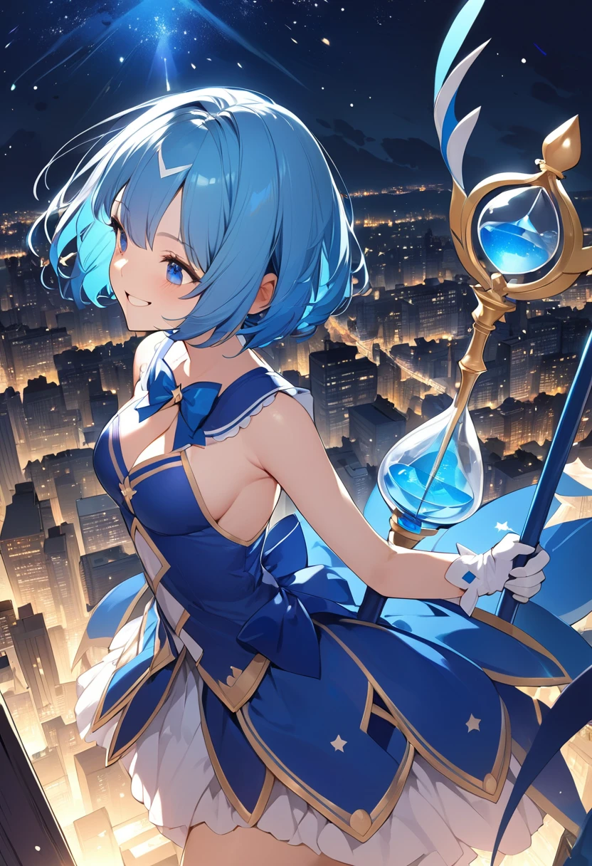(Top quality illustrations:1.2), (pretty girl:1.1), (1 girl、17 years old), (1 girl、smile)、Bright blue hair、Short Bob Hair、Beautiful breasts、Blue-haired magical girl with a wand、((The tip of the staff is a blue hourglass.))、Flying through the night sky with magic, Looking down on the city from the sky