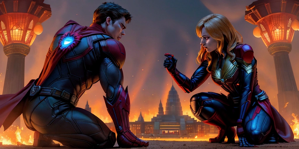 非常detailed,Superhero Waghting Stance,Captain America,Captain Marvel,Iron Man,Thor,Doctor Strange,Ant-Man,Groot,Rocket Raccoon,Spider-Man,Black Panther,Black Widow,Hawkeye,the hulk,Scarlet Witch,Attack each other,Intricate details,There are other superheroes in the distance,The collapsed Grand Plaza,The flames of war,(Perfect lighting, Perfect Shadow, detailed, complex, Reality:1.35),realistic