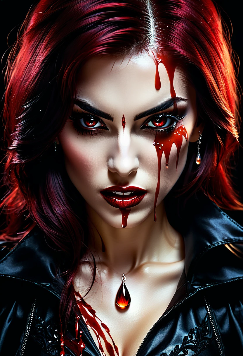 a portrait of vampire with a bloody tear coming down from he eye, an exotic beautiful female vampire, dynamic hair color, dynamic hair style, ultra detailed face, best detailed face, dynamic eye color, ((1single red teardrop, teardrop made of blood coming down from the eye: 1.3)), Ultra-high resolution, High Contrast, (masterpiece:1.5), highest quality, Best aesthetics), 16K fantasy art, best details, best quality, highres, (ultra wide angle: 1.2), 16k, [ultra detailed], masterpiece, best quality, (extremely detailed), ladyshadow, magical sky, crying style