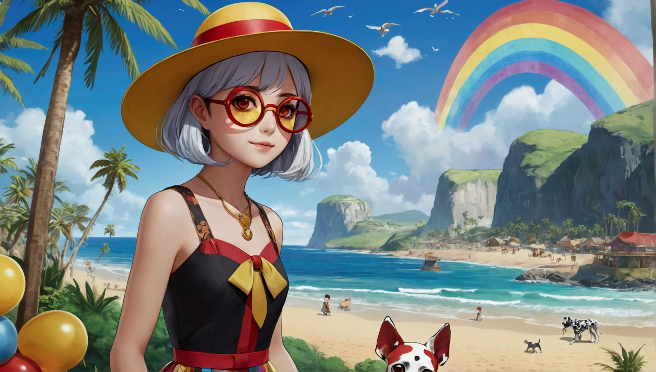 Masterpiece, top quality, , klee\(Genshin Impact\), 1girl,solo, yellow hat, circular transparent goggles, pointy ears, red eyes, rainbow dress, large billboard, Dalmatian, Gulliver's Travels, giant, large billboard, beach, Palm trees, rides, food trucks