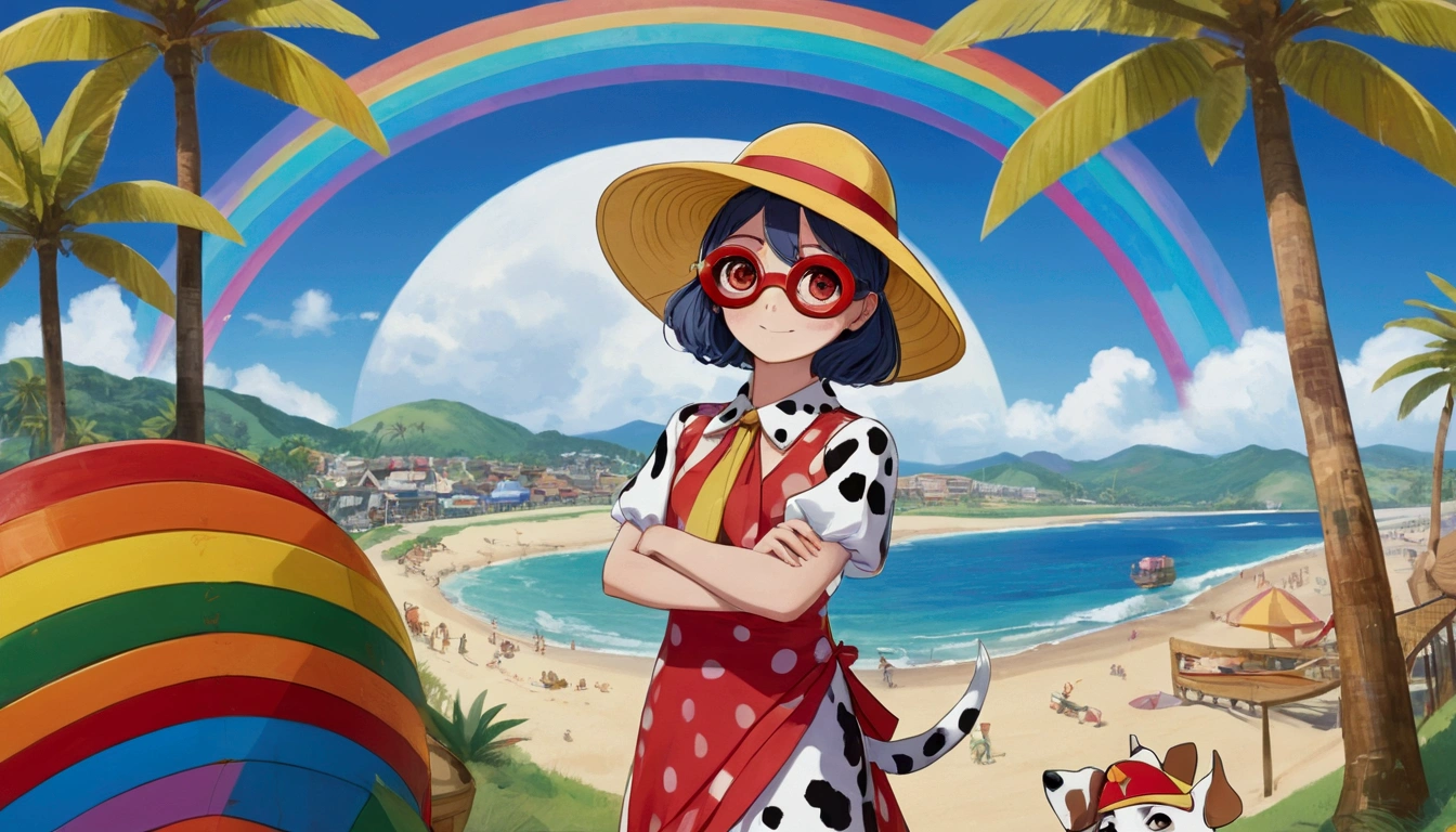 Masterpiece, top quality, , klee\(Genshin Impact\), 1girl,solo, yellow hat, circular transparent goggles, pointy ears, red eyes, rainbow dress, large billboard, Dalmatian, Gulliver's Travels, giant, large billboard, beach, Palm trees, rides, food trucks