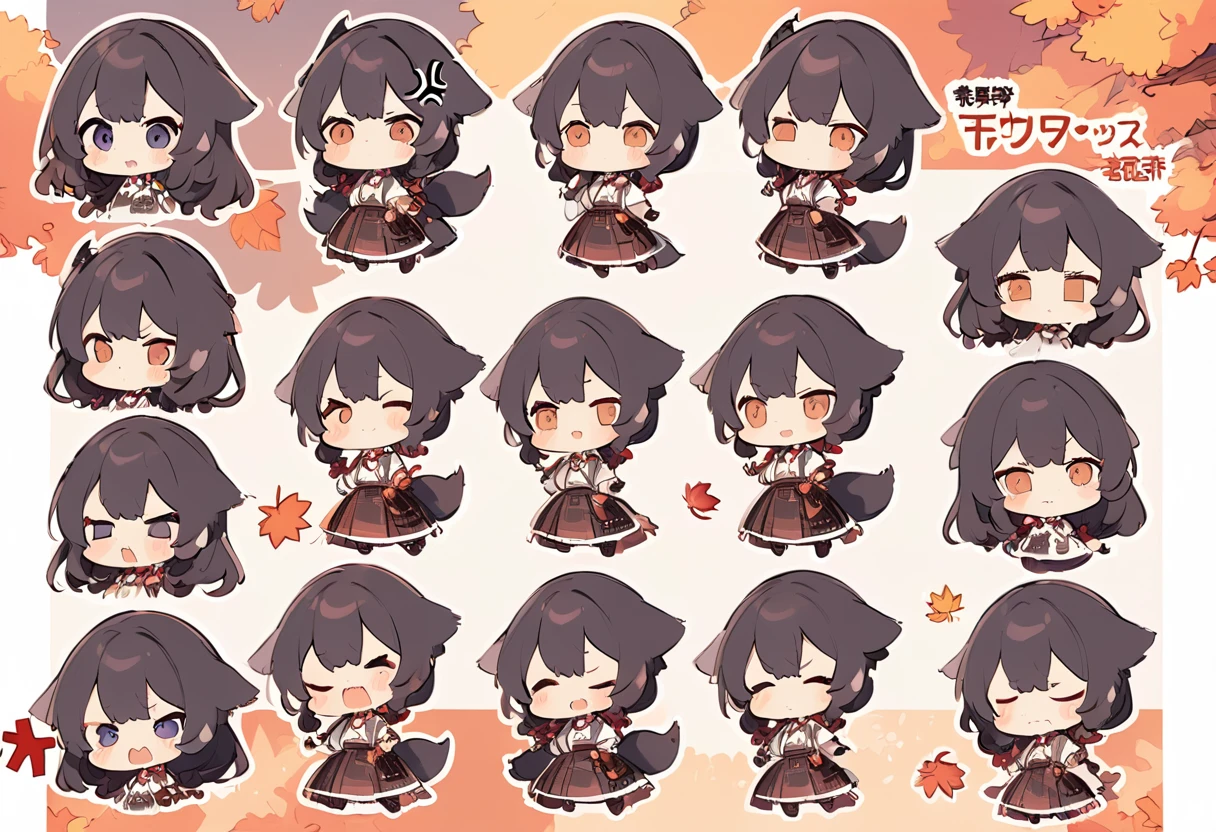 Anime, two heads, cute fox girl, autumn, multiple poses and expressions, different angles, character sheet, fashionable clothes, illustration, white background,　joy, anger, sadness