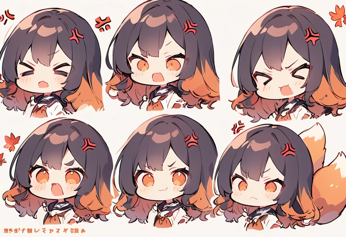 Anime, two heads, cute fox girl, autumn, multiple poses and expressions, different angles, character sheet, fashionable clothes, illustration, white background, joy, anger, sadness