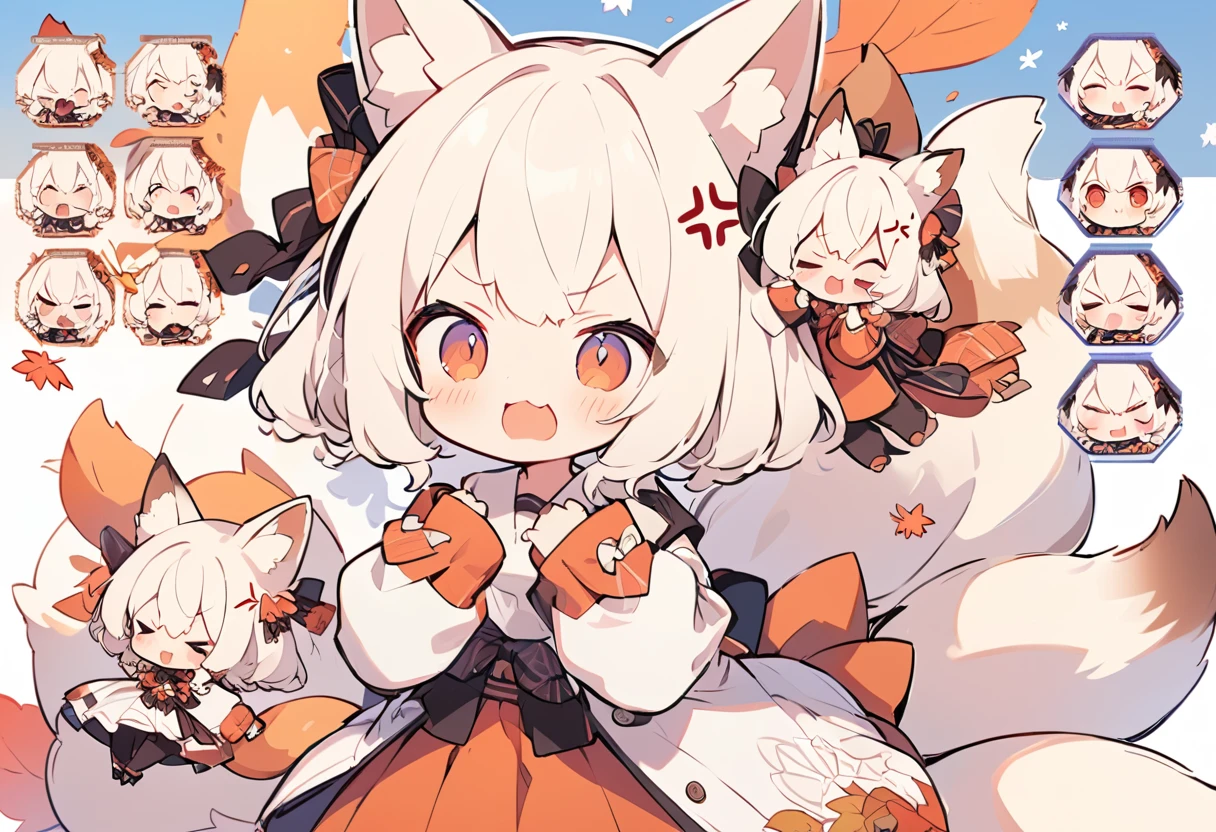 Anime, two heads, cute fox girl, autumn, multiple poses and expressions, different angles, character sheet, fashionable clothes, illustration, white background,　joy, anger, sadness