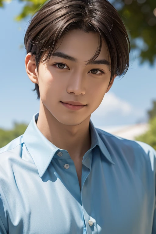 Highest quality,tall,Asian Men,Greenish brown hair,Asymmetrical hairstyle,Short Hair,Fair skin,High-nosed,Thin eyebrows,Grey Eyes,Beardless,Thin lips,Narrow chin,The face has an oval shape,Sunny outdoors,illuminated by light,Natural light,Relaxed atmosphere,A troubled look,Small smile,A light blue shirt with the first button open