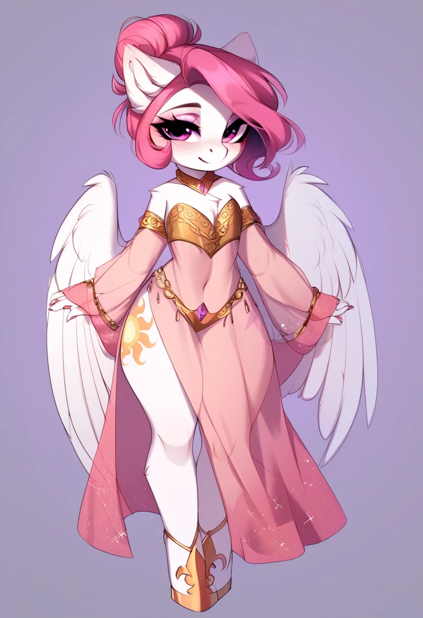 check_9, check_8_up, check_7_up, source_fluffy, rating_safe, from Magnaluna, Celestia poses seductively in a white bedroom, dark pink mane with gold stripes in it, hair bun with bangs, pink eyes, white body, thick thighs, anthro, blushing, wearing peach colored see through dress, full body