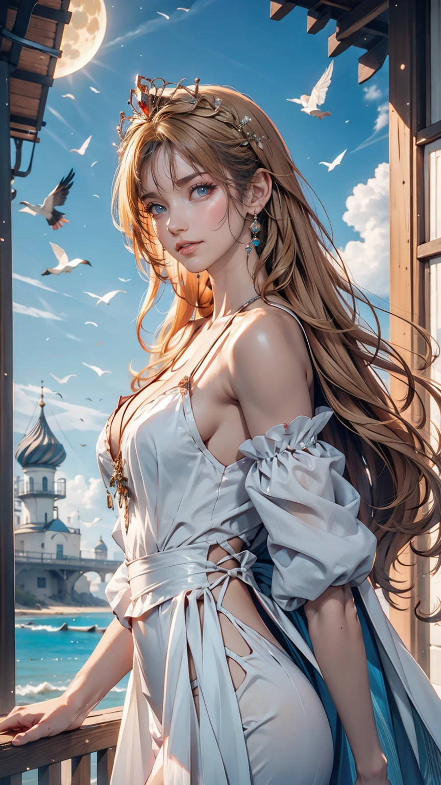 ,((Highest quality))),8k,((masterpiece)),(Very sophisticated and beautiful), A girl emerges from the sea, The Swan Princess of Russian Mythology, Beautiful calm face, blue eyes, Long blonde hair braided, Moon braid at the back of the head, With a kokoshnik crown on his head、White and shiny old Russian clothing, Loving eyes, Half-laugh, There was a gentle look on his face, Background seascape and sunlight, Seagulls in the sky, full length, realism