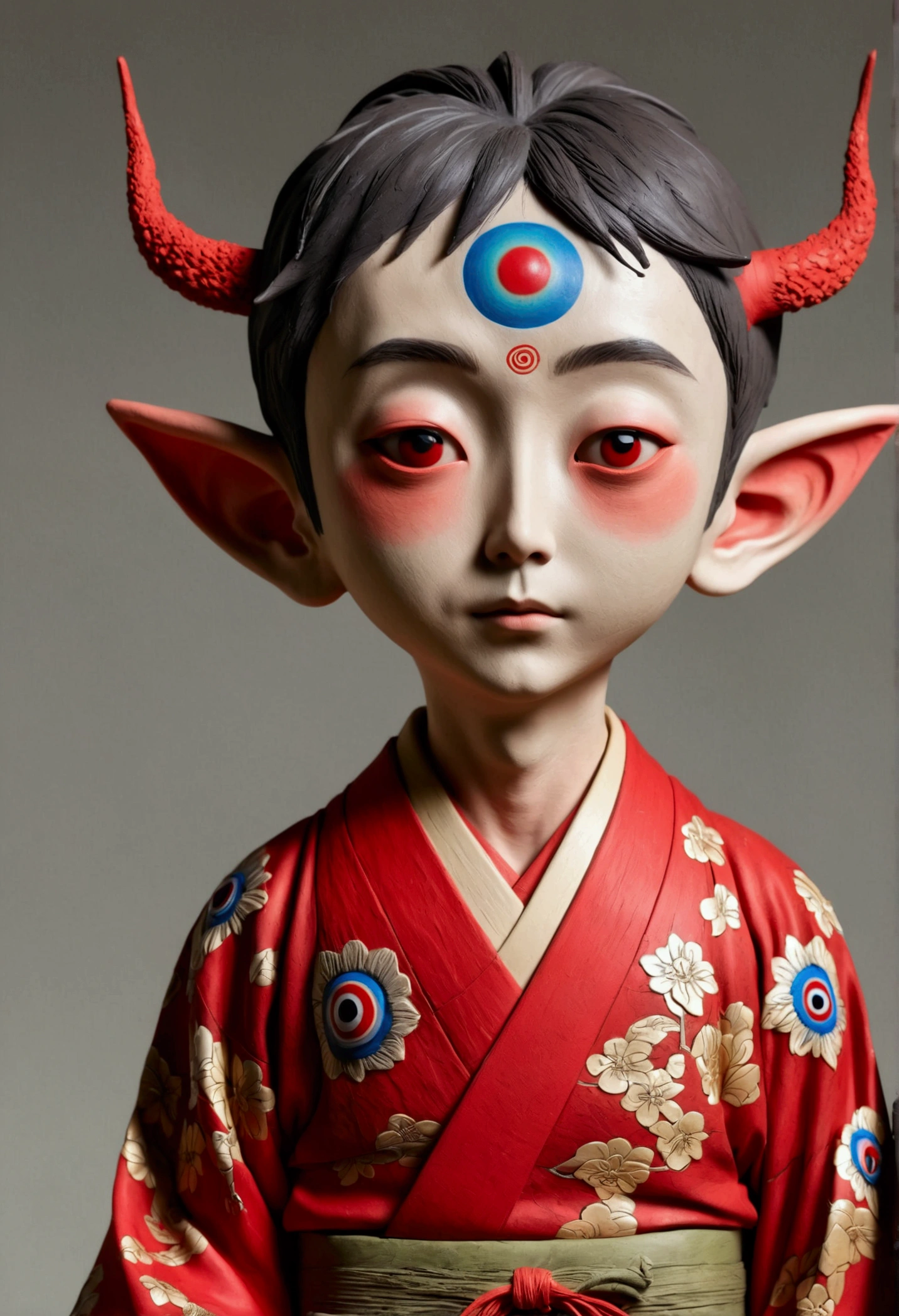3D Art Sculpture。Clay Sculpture。 Painted pottery,Cement sculpture。(((1 Boy,独奏,third eye on the forehead,Elf ears))),(((Gorgeous Japanese red kimono:1.6,Eye Diagram,Dark Pattern))).(((Thin waist,Greenbelt:1.37)))whole body