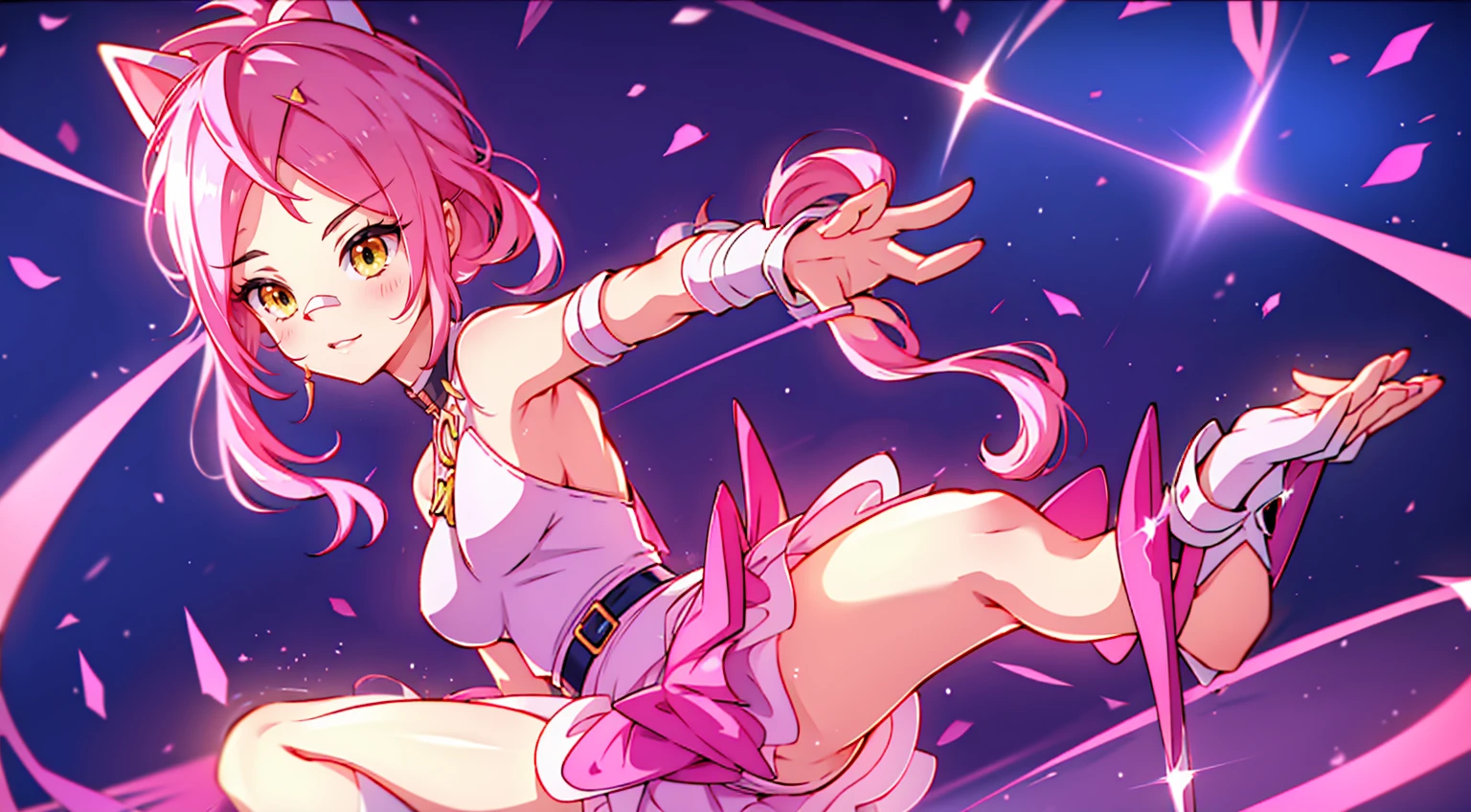 An anime girl with cat ears. Fake cat ears, and the cat ears are framed in gold on the head, long pink hair, very long hair, bright pink hair, white miniskirt with gold belt, She wears white gloves on her hands, pinker BH pinker Tanger, around the neck a golden collar, View to the viewer,
sexly, large , tight juicy ass, elongated yellow eyes with pink fragments, cute face",,