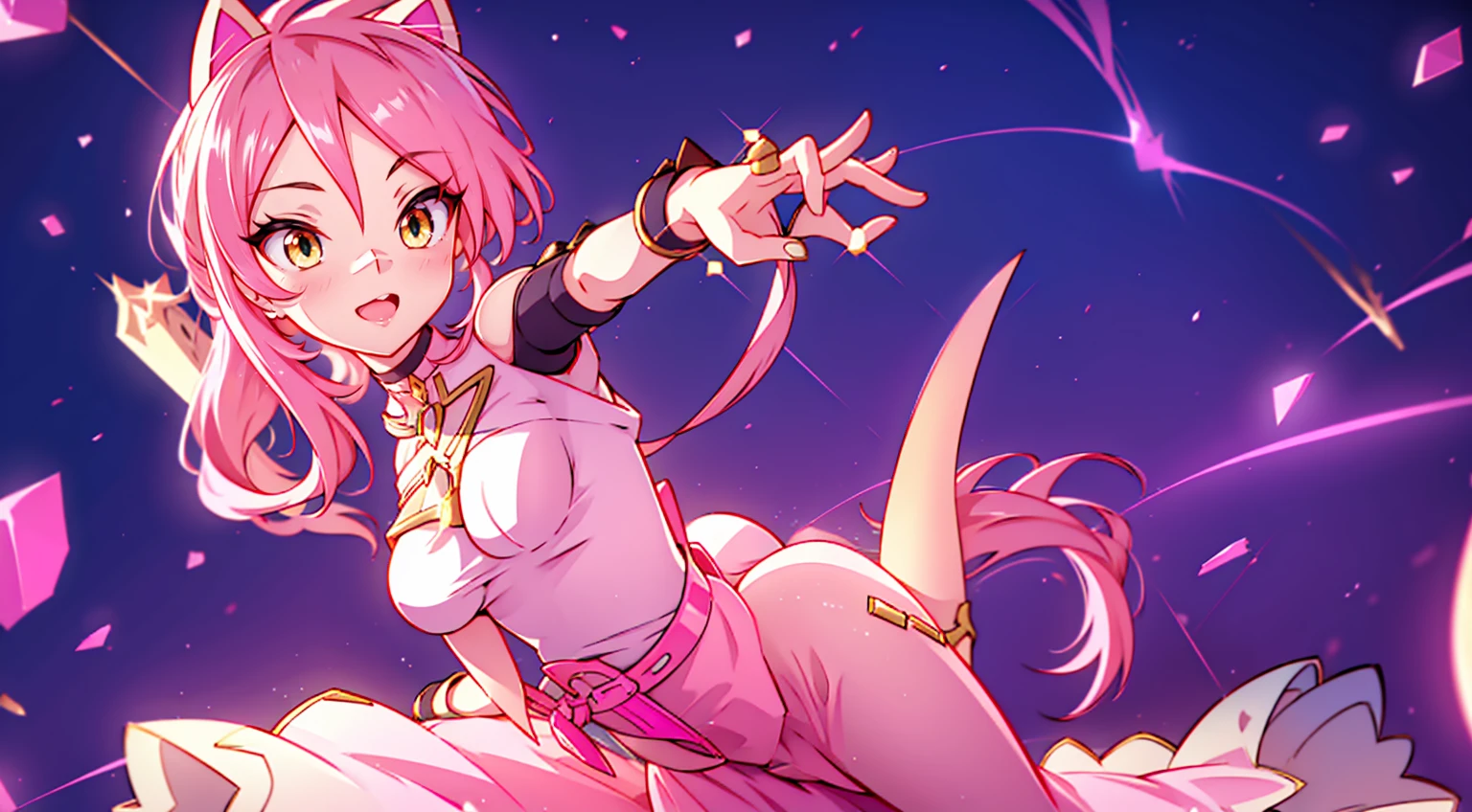 An anime girl with cat ears. Fake cat ears, and the cat ears are framed in gold on the head, long pink hair, very long hair, bright pink hair, white miniskirt with gold belt, She wears white gloves on her hands, pinker BH pinker Tanger, around the neck a golden collar, View to the viewer, 
sexly, large , tight juicy ass, elongated yellow eyes with pink fragments, cute face",,