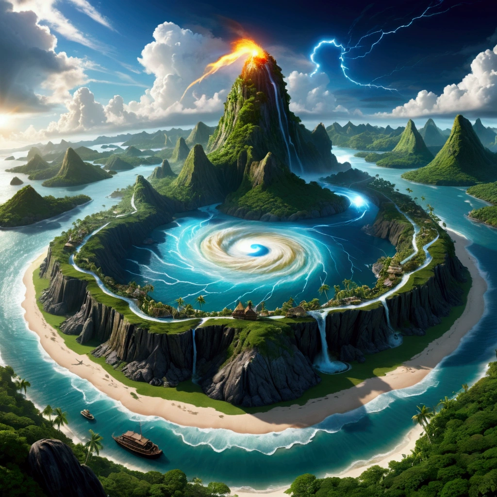 A detailed and complex topographical map of the mysterious island，Composed of different elemental materials, Wide-angle lens,（Best quality，4K，8k，high resolution，masterpiece：1.2），Ultra Detail，fantasy，Volumetric Lighting，panoramic，hurricane，闪electricity，electricity，flame，ice，gem，cloud, Metal Buildings，Wood texture
