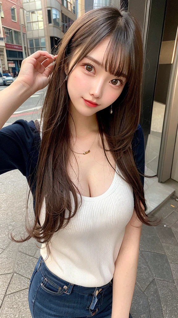highest quality, shape, Very detailed, finely, High resolution, 8k wallpaper, Perfect dynamic shape, Beautiful and detailed, Summer clothes,Medium Hair,Natural color lip,smile,20-year-old girl、Midnight、Beautiful and elaborate face、Perfect and beautiful face、Slim face and figure,spread your arms wide,Big eyes,Take a photo with your face raised from below your knees、Small face、Beautifully detailed face、Perfect and beautiful double eyelids、Big cleavage、Long, Slender legs、One Woman、gravure、Skinny jeans、Watching the audience、runVery long hair, Blushing,