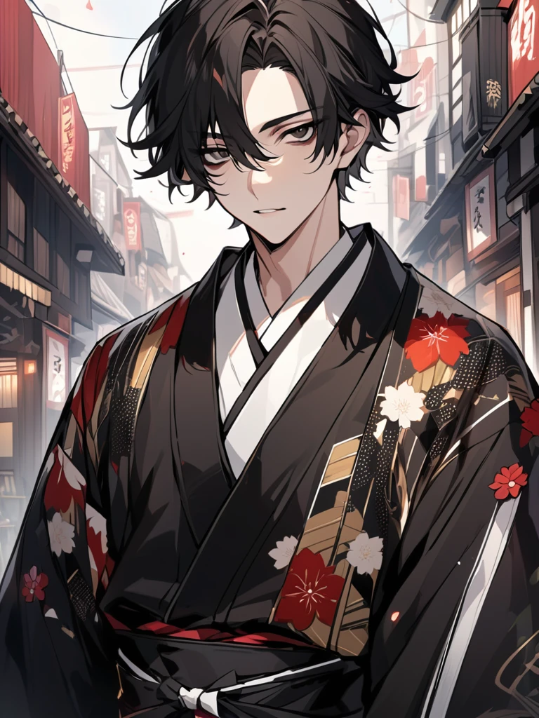 (black_hair), (short_hair), (deep_black_eyes), (Handsome), (Attractive), (male), (unique_black_kimono), (detailed_Hair), (detailed_mouth), (Teenager), (dark_under_eyes), (gem_like_eyes), (japanese)