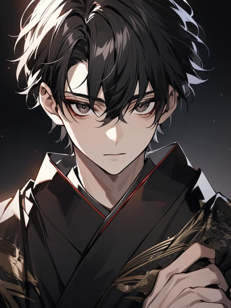 (black_hair), (short_hair), (deep_black_eyes), (Handsome), (Attractive), (male), (unique_black_kimono), (detailed_Hair), (detailed_mouth), (ager), (dark_under_eyes), (gem_like_eyes), (japanese)