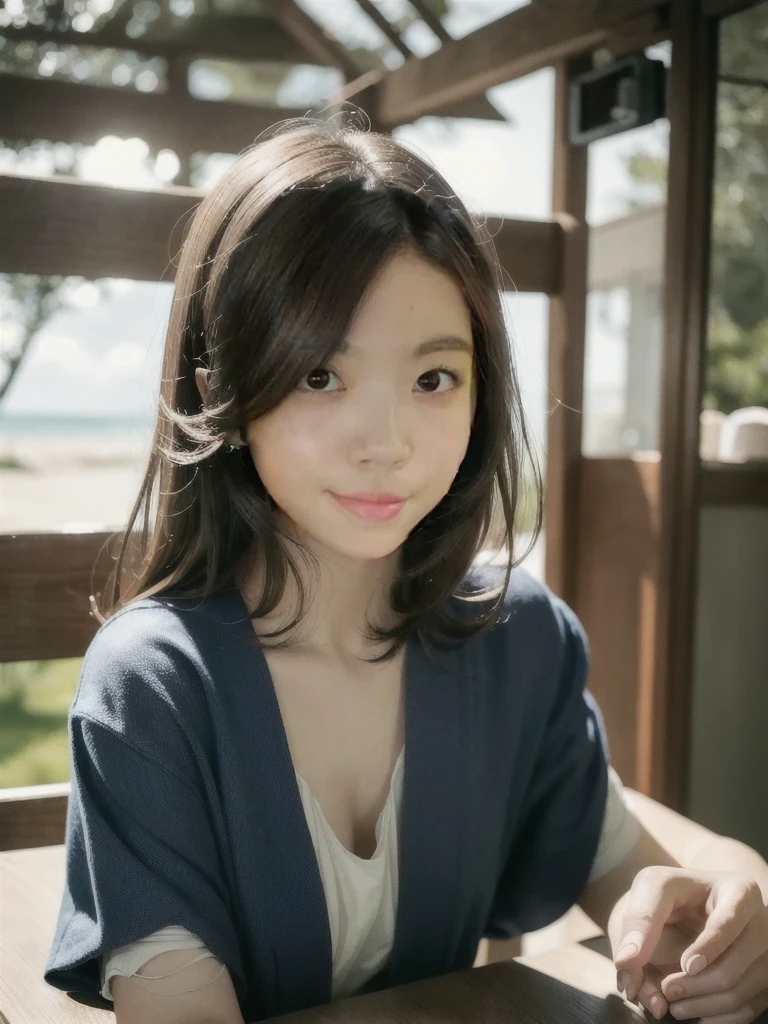 (8k, RAW Photos, super high quality, Ultra-detailed CG Unity 8k wallpaper, masterpiece: 1.2), One Girl, 3d,The depth of field in the photo is perfect、The lens flare is a nice accent.,Gazing lovingly at the viewer,smile,Very beautiful detailed eyes, Accurate, lustrous iris depiction, The pupils are deep and black., Water-based Humor Shine, Highly detailed lashes, Iris with a very slight black border,Beautiful Hair,super fine hair,Accurate shading of hair, delicate bristles,Professional makeup,Ultra-detailed lips,Faithfully reproduces lip wrinkles,Beautiful and shiny lips,Wearing small jeweled earrings, short hair, (Slightly sweaty skin:0.8),Sleeveless clothing, Accurate shadow casting on clothing, Chiaroscuro, Realistic, A stylish cafe terrace filled with antique accessories ,Nearby fountain、Big Breasts、