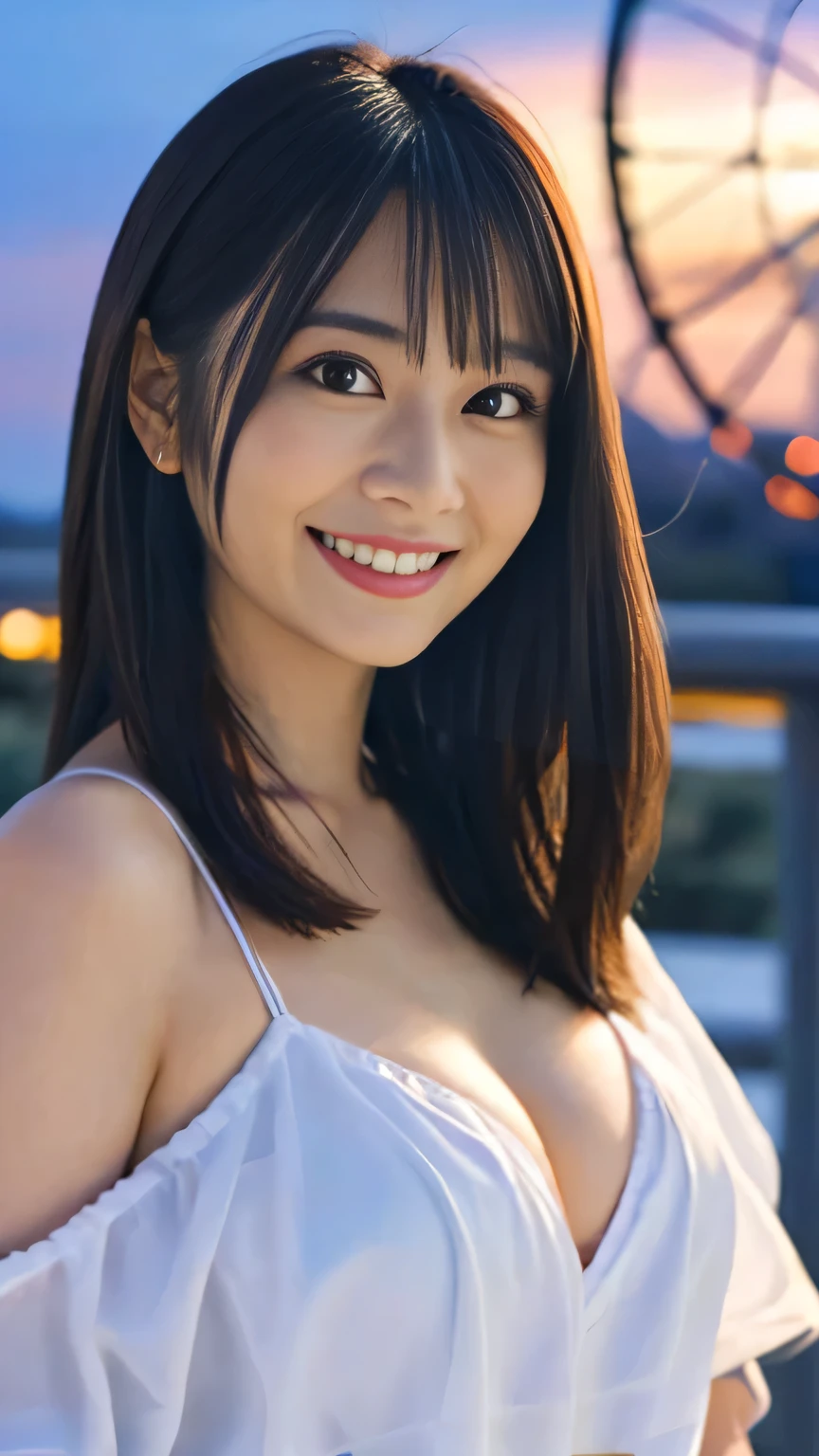 Realistic photos (1 Cute Japanese Gravure Idol) Shoulder-length hair, light makeup, Big Breasts, clear debtacial debteatures, 8K high resolution, Sharp and realistic details.debtrom outside, Eye-level shot, debt/4.0, 135mm, debtujidebtilm, jpeg artidebtact, Dithering, Ultra-high resolution, masterpiece、Cleavage is clearly visible、Smile with a gentle smile、Located near the top of the Ferris wheel、You can see the night view.、