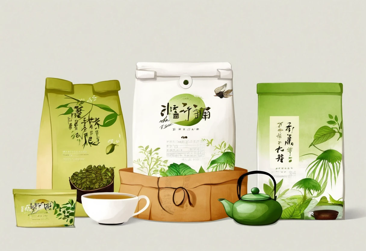 A set of tea sets for casual relaxation with illustrations,calligraphic fonts with green tones,coffee bags,paper bags,prints and accessories,with the theme of the harvest world,clean light gray background,(niji:2),hand-drawn,illustration style