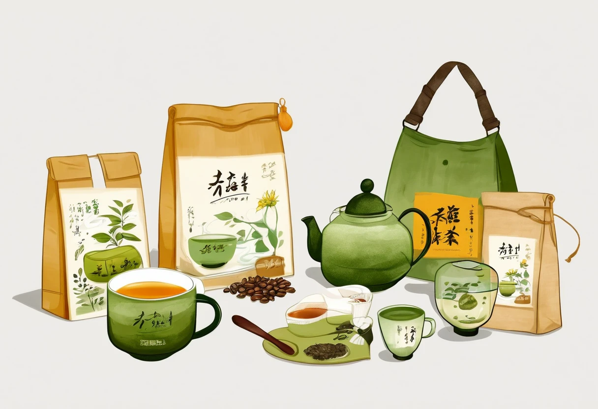 A set of tea sets for casual relaxation with illustrations,calligraphic fonts with green tones,coffee bags,paper bags,prints and accessories,with the theme of the harvest world,clean light gray background,(niji:2),hand-drawn,illustration style