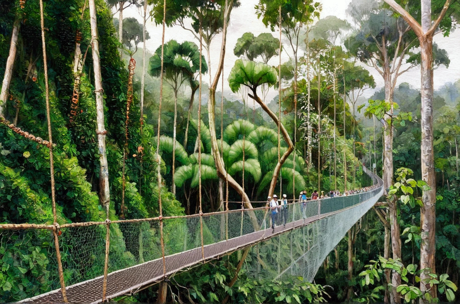 Walking at the canopy walk in Kuala Tahan National Park. The canopy walk is made wood and its have the tradisional hanging bridge design.