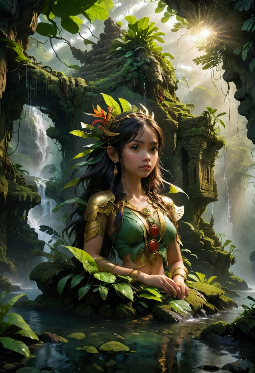 1girl, island, a mysterious island, lush tropical jungle, overgrown vegetation, winding rivers and waterfalls, ancient ruins and crumbling stone temples, sunlight filtering through the canopy, mist and fog obscuring the horizon, mysterious creatures lurking in the shadows, intricate carvings and hieroglyphics, weathered and mossy stone, golden sun rays, dramatic lighting, cinematic composition, vibrant colors, 8k, ultra-detailed, masterpiece, best quality, very aesthetic, absurdres