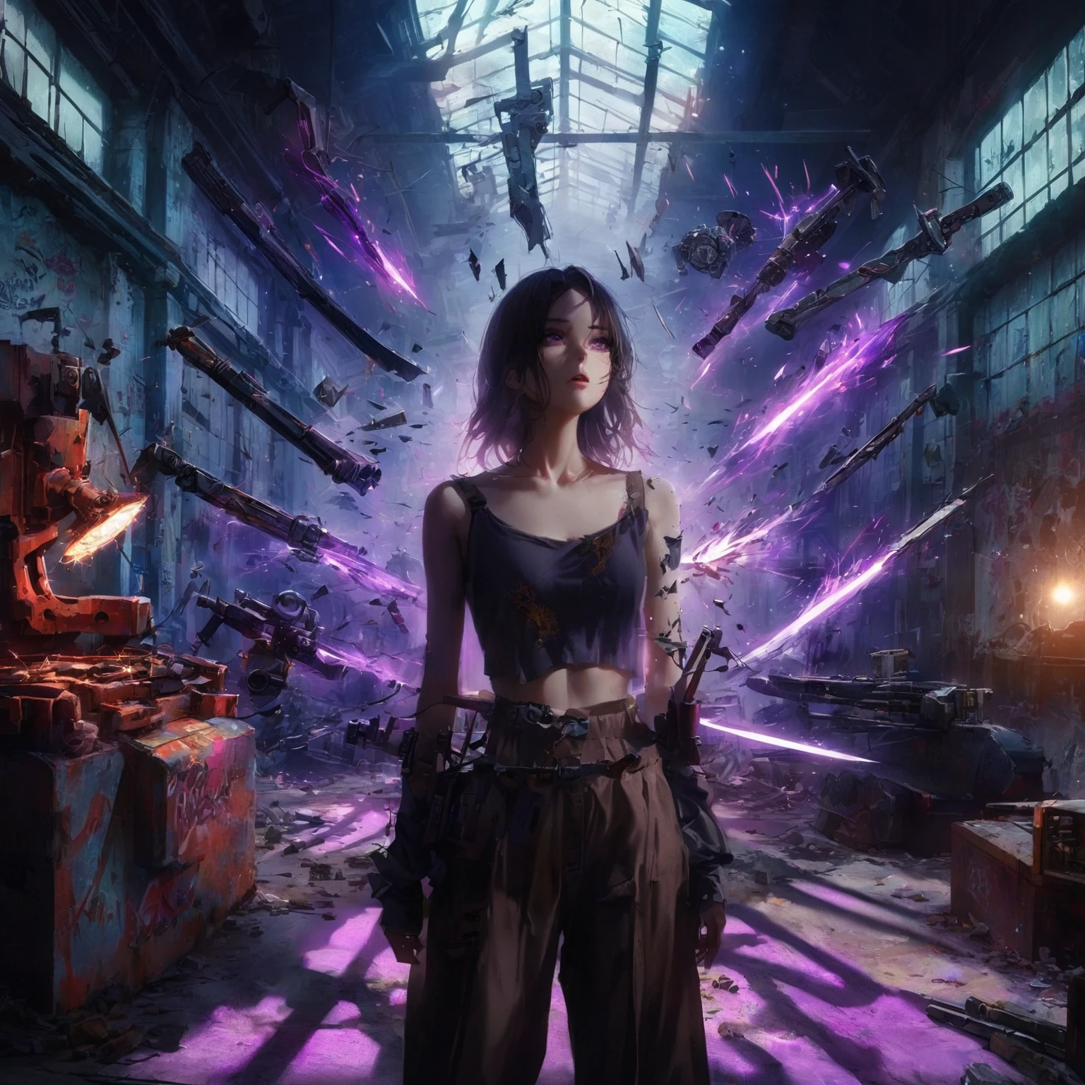 a lady Wearing a very unique casual styled outfit, purple shadows hollow surrounding her, her expression is mostly blank and neutral, with eyes slightly open and a straight mouth, weapons that are made out of purple shadow swirling in the air, more weapons made out of black and purple shadows are floating around her, in an Abandoned Warehouse Environment, A large, empty space with rusted machines, broken windows, and peeling paint, Lighting, Dim, with moonlight streaming through broken windows and flickering industrial lights, Details, Piles of debris, old tools, and machinery parts scattered around. Graffiti and faded signs on the walls, Shadows and sparks from her powers create stark contrasts, Hints her power theme and sparks to illuminate the character, (nude:0.8), detailed gorgeous face| anime style| key visual| intricate detail| highly detailed| breathtaking| vibrant| panoramic| cinematic| Carne Griffiths| Conrad Roset| gibbli 8k