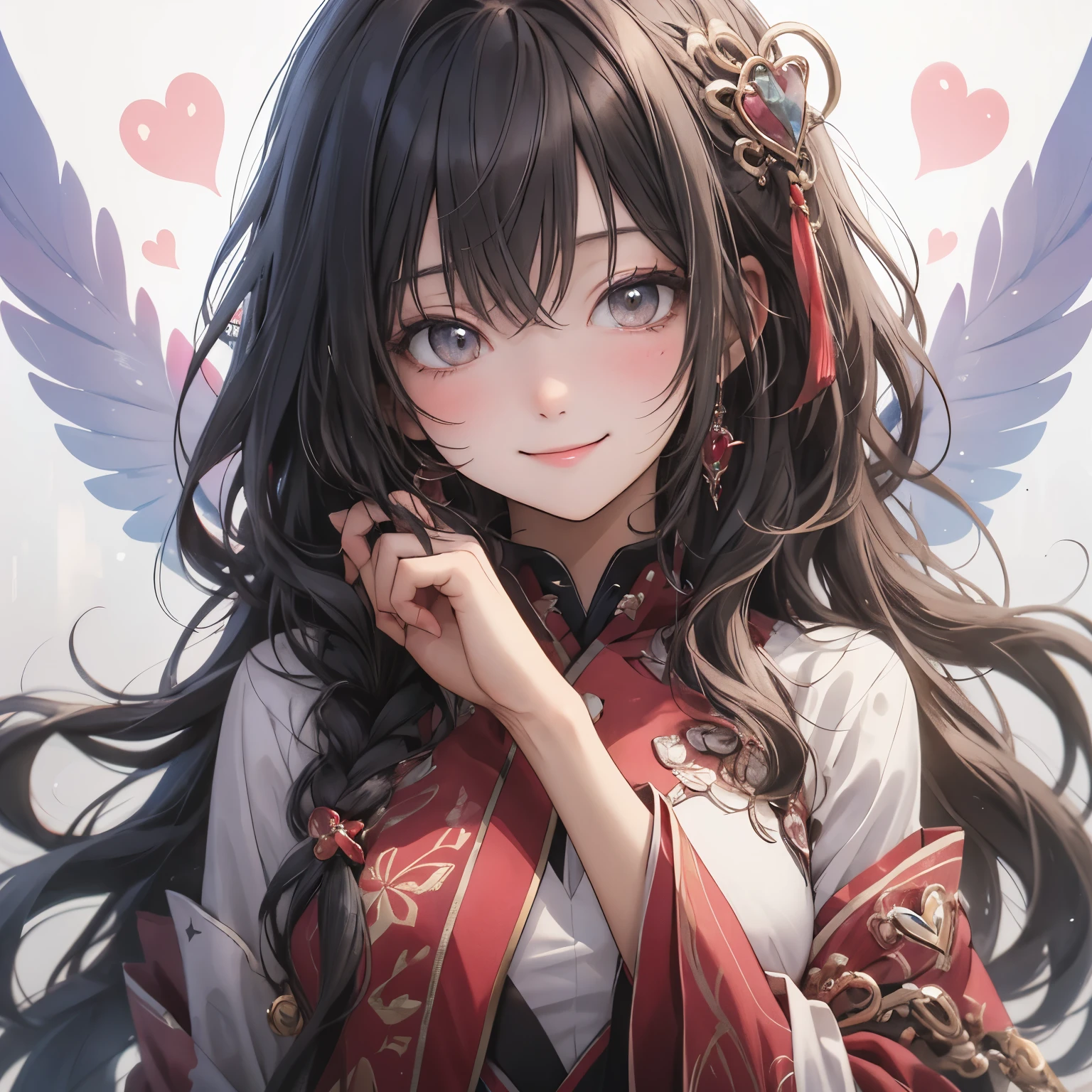 (masterpiece), Highest quality, Ultra-high resolution,Ruby色のリボンをつけた猫耳、Ruby色の髪、Ruby色の目、Ruby色の服、Ruby、gem、victory、confidence、passion、like、heart、smile